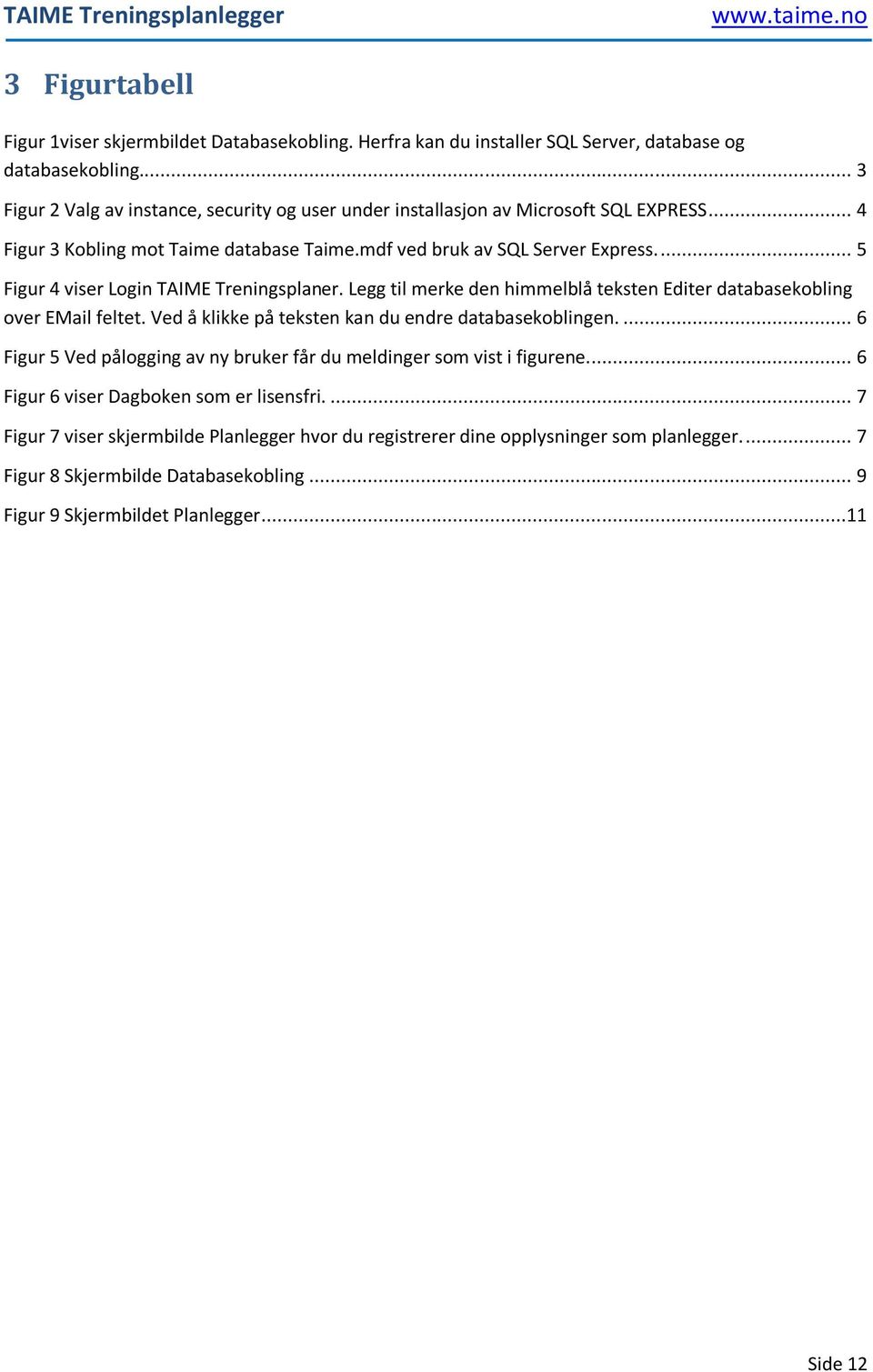 ... 5 Figur 4 viser Login TAIME Treningsplaner. Legg til merke den himmelblå teksten Editer databasekobling over EMail feltet. Ved å klikke på teksten kan du endre databasekoblingen.