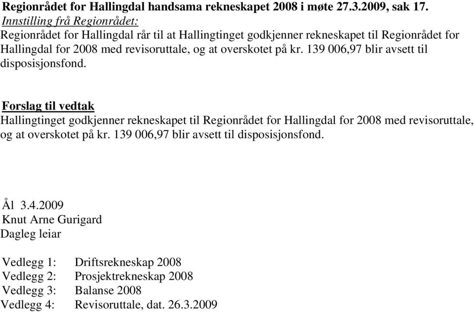 at overskotet på kr. 139 006,97 blir avsett til disposisjonsfond.