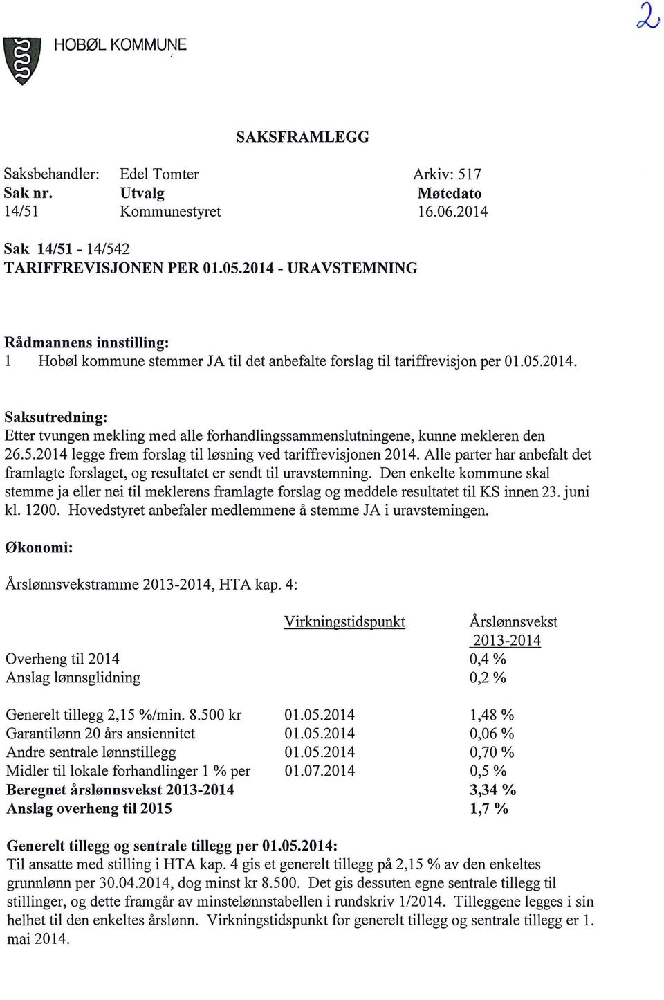 5.2014legge frem forslag til løsning ved tariffrevisjonen 2014. Alle parter har anbefalt det framlagte forslaget, og resultatet er sendt til uravstemning.