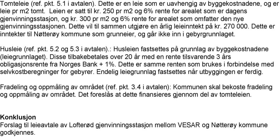 Dette vil til sammen utgjøre en årlig leieinntekt på kr. 270 000. Dette er inntekter til Nøtterøy kommune som grunneier, og går ikke inn i gebyrgrunnlaget. Husleie (ref. pkt. 5.2 og 5.3 i avtalen).