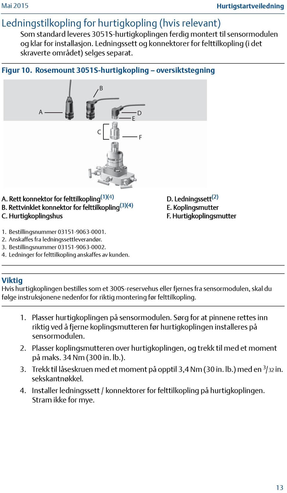 Rett konnektor for felttilkopling (1)(4) D. Ledningssett (2) B. Rettvinklet konnektor for felttilkopling (3)(4) E. Koplingsmutter C. Hurtigkoplingshus F. Hurtigkoplingsmutter 1.