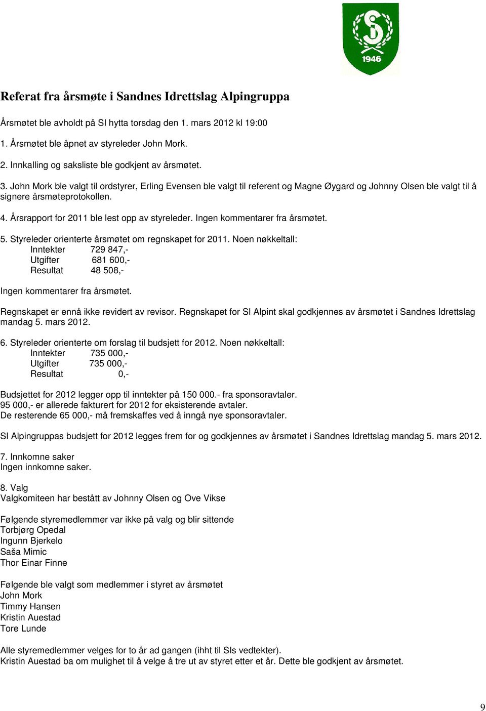 Årsrapport for 2011 ble lest opp av styreleder. Ingen kommentarer fra årsmøtet. 5. Styreleder orienterte årsmøtet om regnskapet for 2011.