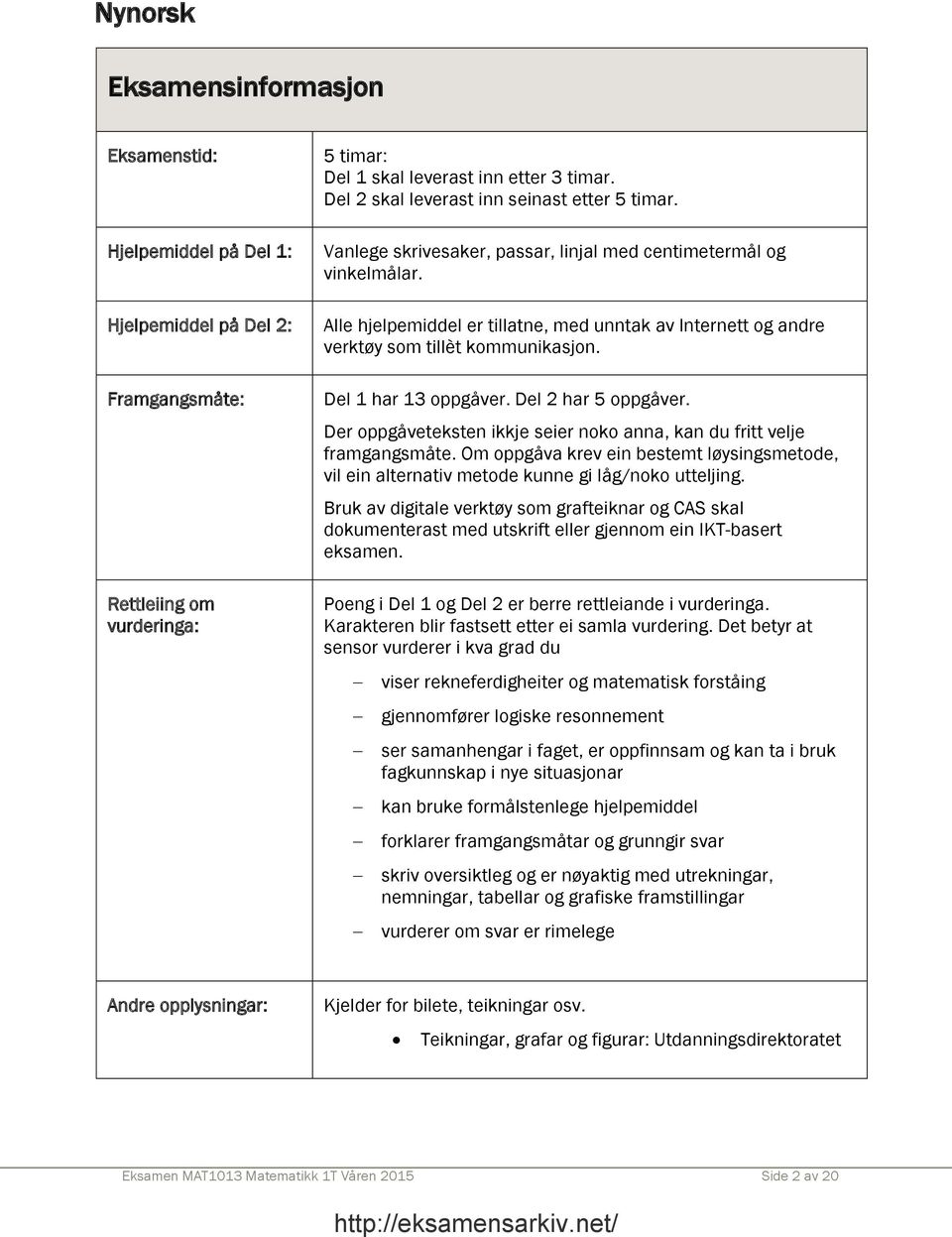 Alle hjelpemiddel er tillatne, med unntak av Internett og andre verktøy som tillèt kommunikasjon. Del 1 har 13 oppgåver. Del har 5 oppgåver.