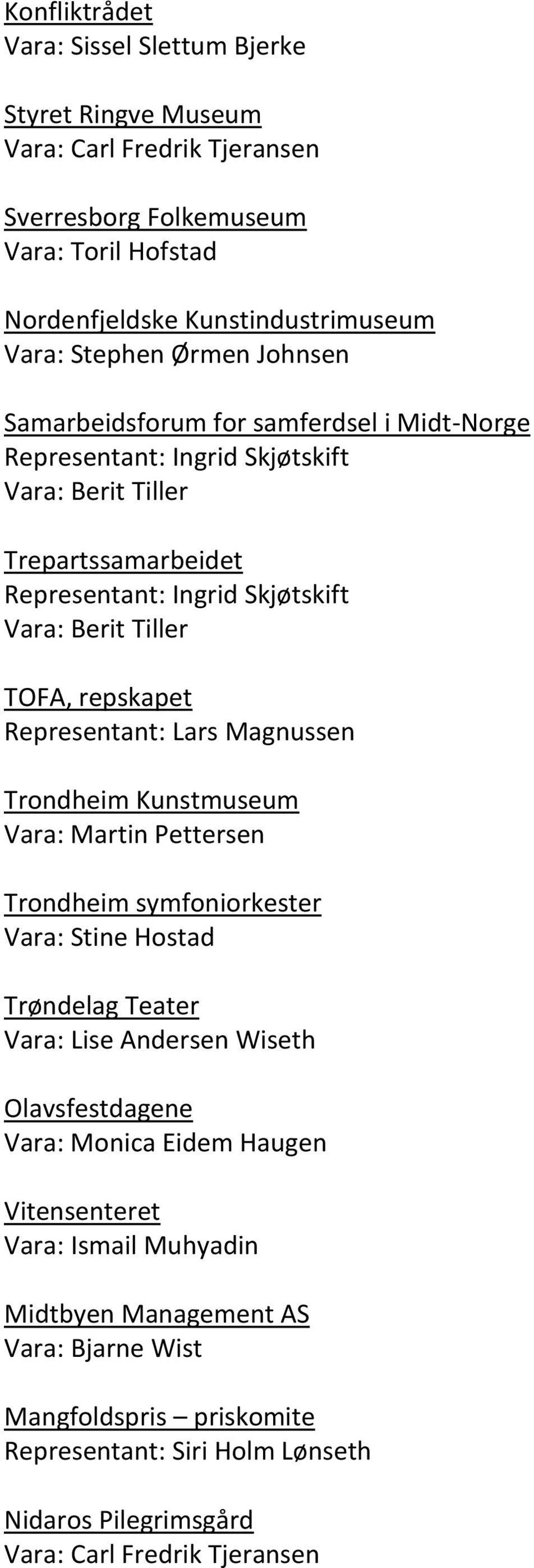 Representant: Lars Magnussen Trondheim Kunstmuseum Vara: Martin Pettersen Trondheim symfoniorkester Vara: Stine Hostad Trøndelag Teater Vara: Lise Andersen Wiseth Olavsfestdagene Vara: Monica