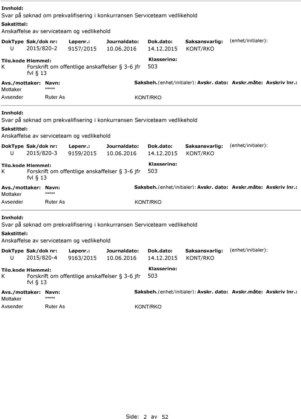 : ***** KONT/RKO Svar på søknad om prekvalifisering i konkurransen Serviceteam vedlikehold Anskaffelse av serviceteam og vedlikehold 2015/820-3 9159/2015 14.12.2015 KONT/RKO Tilg.