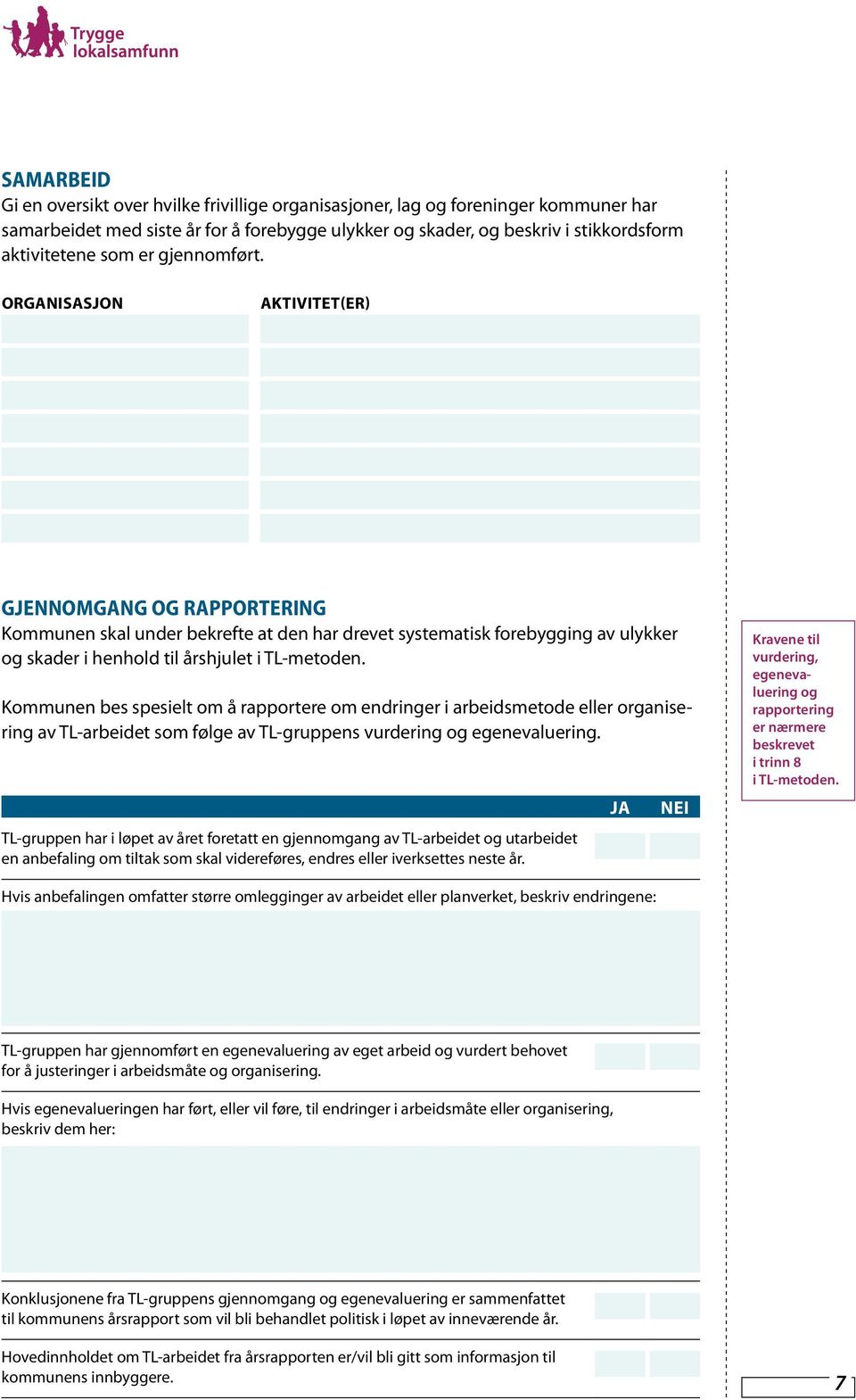 Kommunen bes spesielt om å rapportere om endringer i arbeidsmetode eller organisering av TL-arbeidet som følge av TL-gruppens vurdering og egenevaluering.