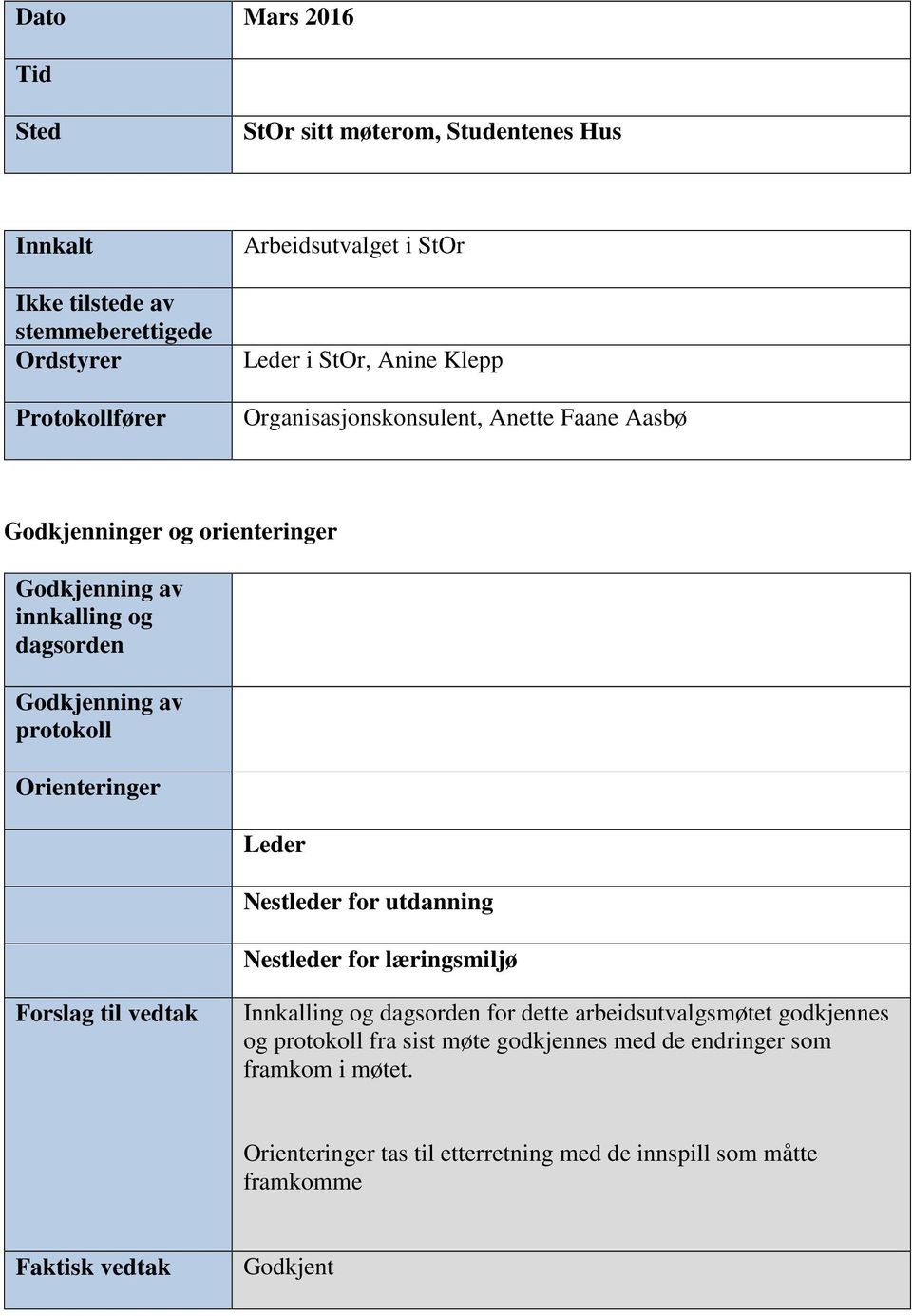 protokoll Orienteringer Leder Nestleder for utdanning Nestleder for læringsmiljø Forslag til vedtak Innkalling og dagsorden for dette arbeidsutvalgsmøtet