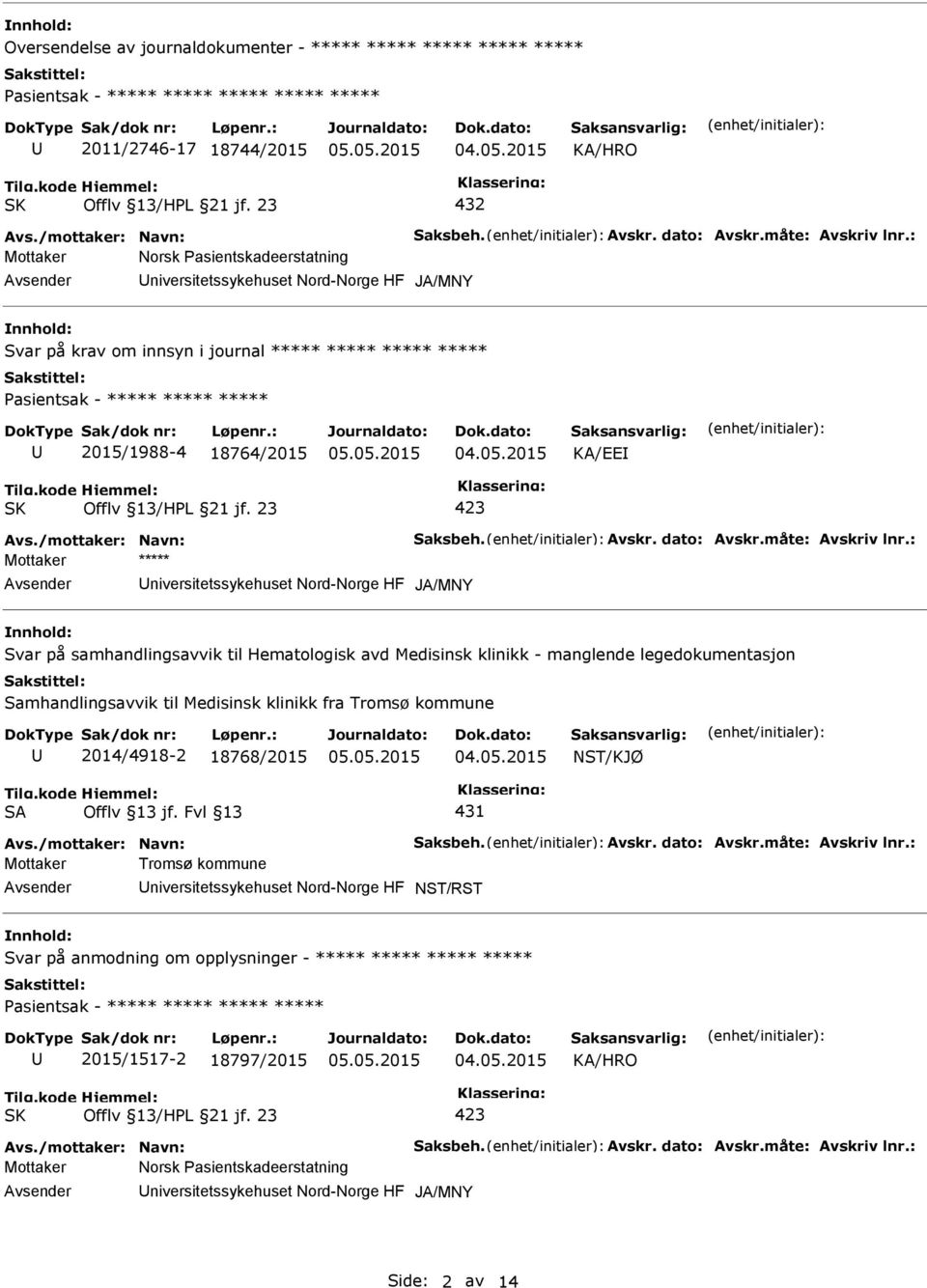 : Mottaker Norsk Pasientskadeerstatning niversitetssykehuset Nord-Norge HF JA/MNY Svar på krav om innsyn i journal ***** ***** ***** ***** Pasientsak - ***** ***** ***** 2015/1988-4 18764/2015 KA/EE