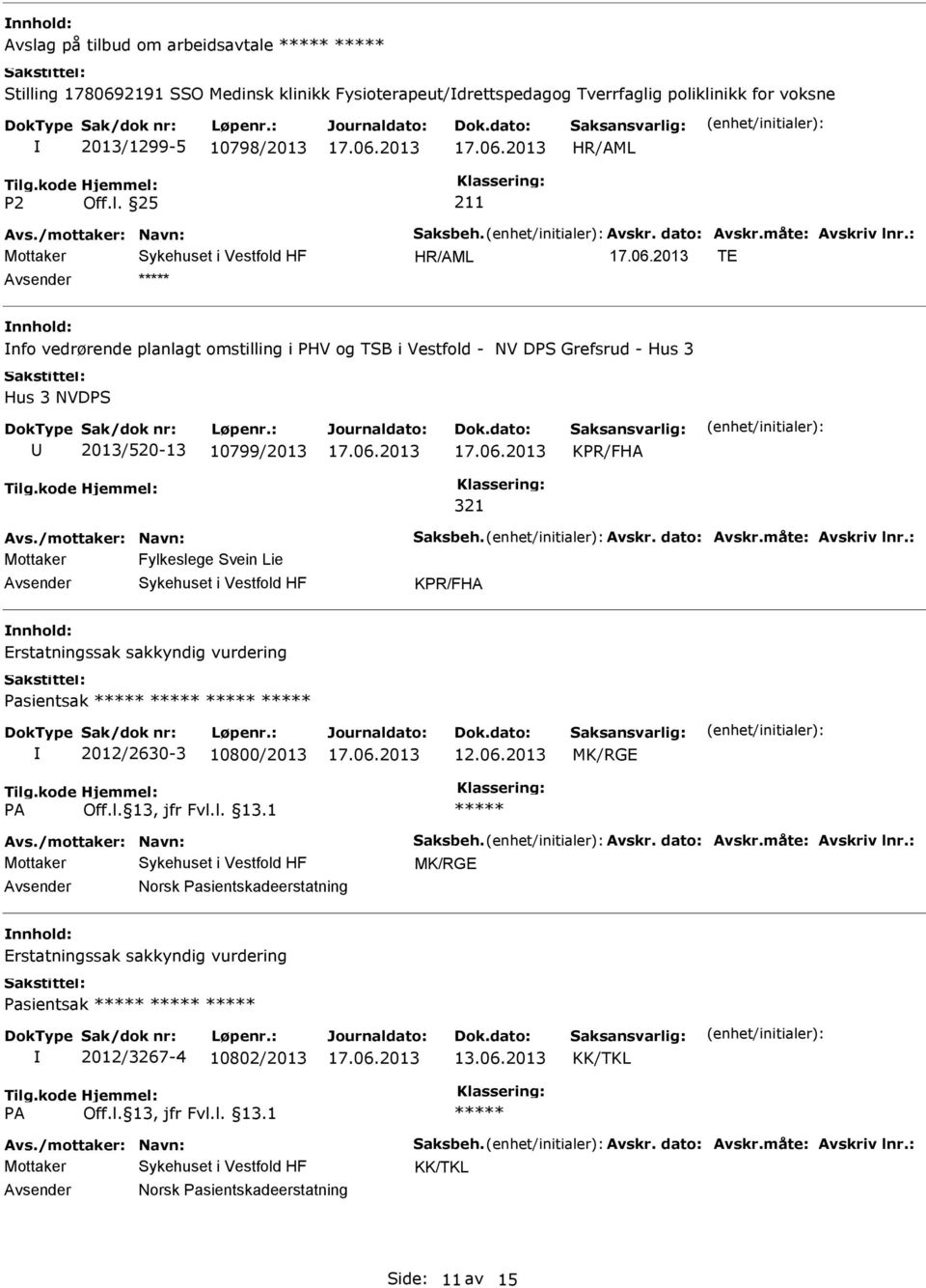 /mottaker: Navn: Saksbeh. Avskr. dato: Avskr.måte: Avskriv lnr.: Mottaker Fylkeslege Svein Lie KPR/FHA Erstatningssak sakkyndig vurdering Pasientsak 2012/2630-3 10800/2013 MK/RGE Avs.