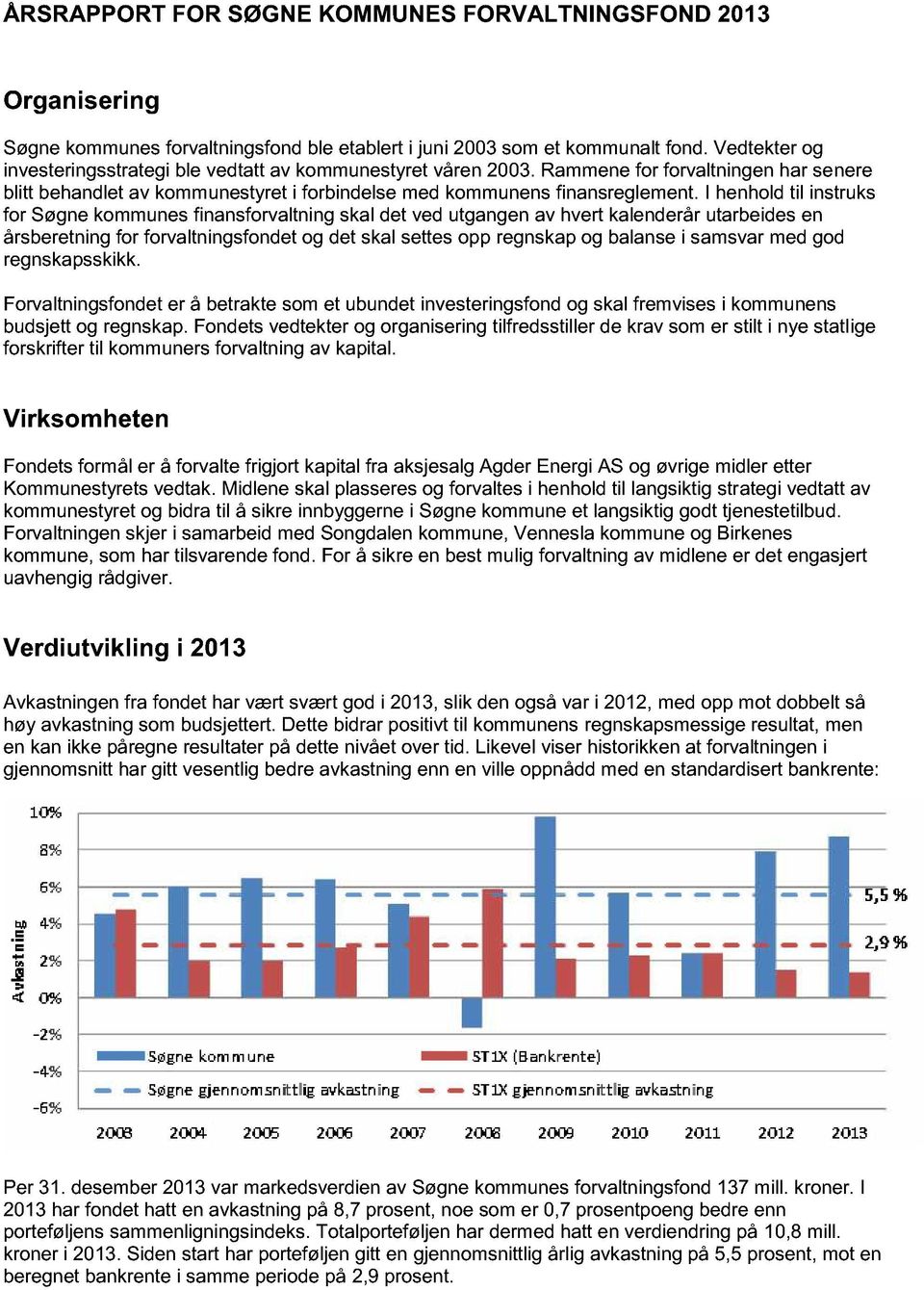 I henhold til instruks for Søgne kommunes finansforvaltning skal det ved utgangen av hvert kalenderår utarbeides en årsberetning for forvaltningsfondet og det skal settes opp regnskap og balanse i