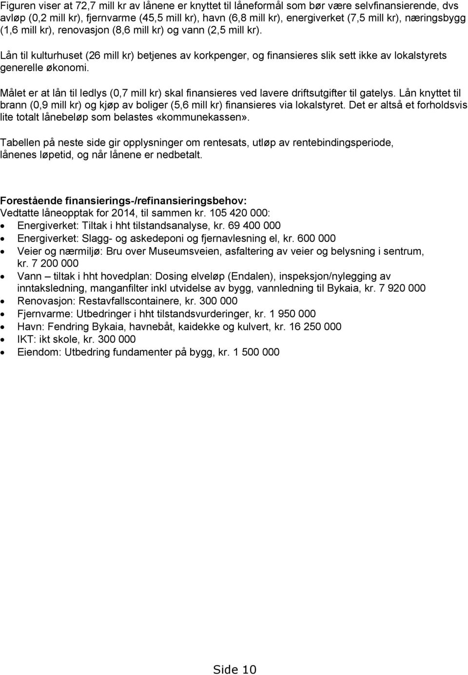 Målet er at lån til ledlys (0,7 mill kr) skal finansieres ved lavere driftsutgifter til gatelys. Lån knyttet til brann (0,9 mill kr) og kjøp av boliger (5,6 mill kr) finansieres via lokalstyret.