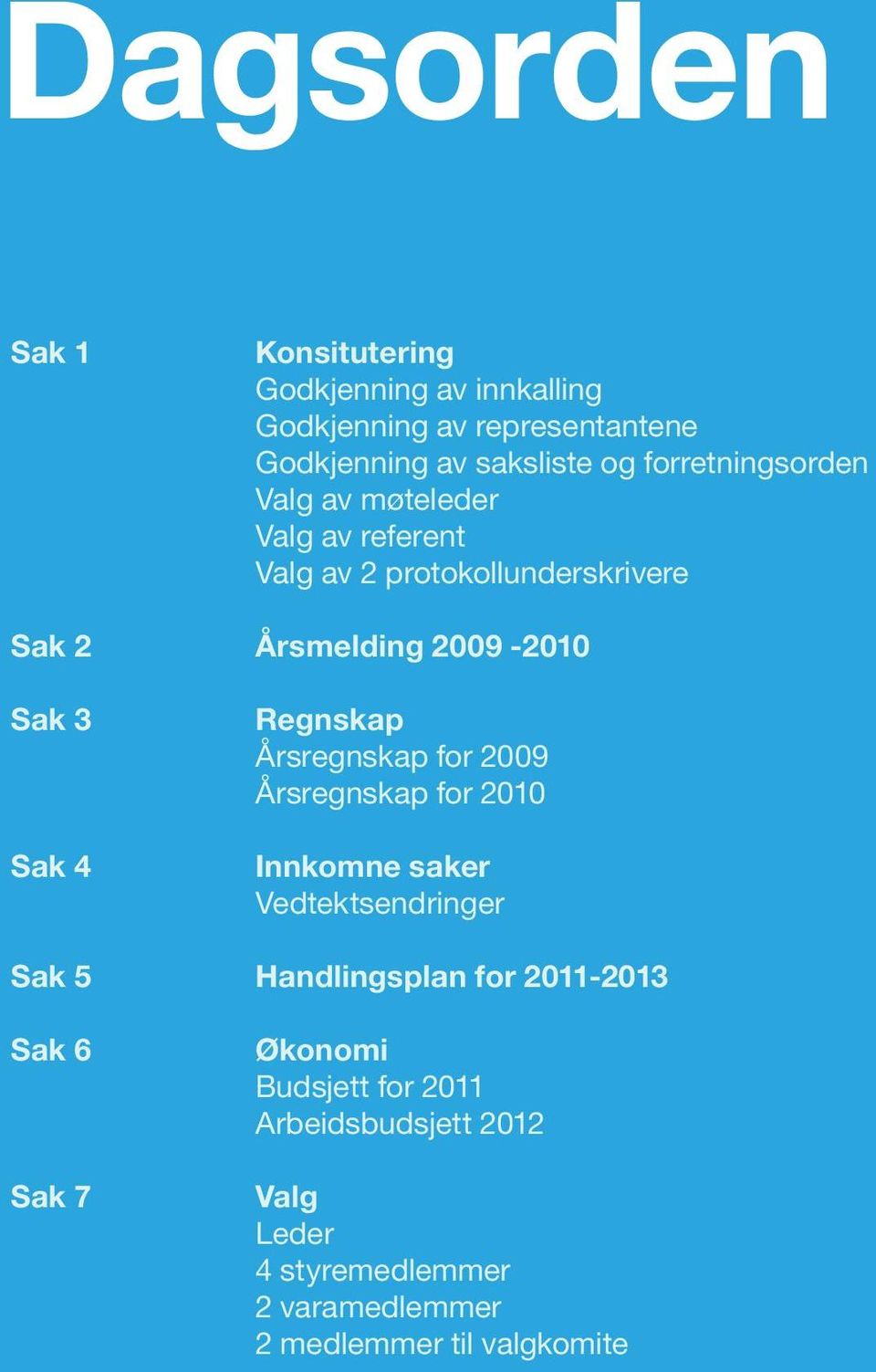 Sak 4 Regnskap Årsregnskap for 2009 Årsregnskap for 2010 Innkomne saker Vedtektsendringer Sak 5 Handlingsplan for