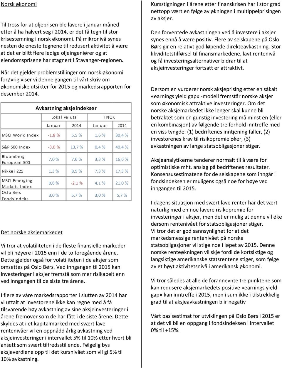 Når det gjelder problemstillinger om norsk økonomi forøvrig viser vi denne gangen til vårt skriv om økonomiske utsikter for 2015 og markedsrapporten for desember 2014.