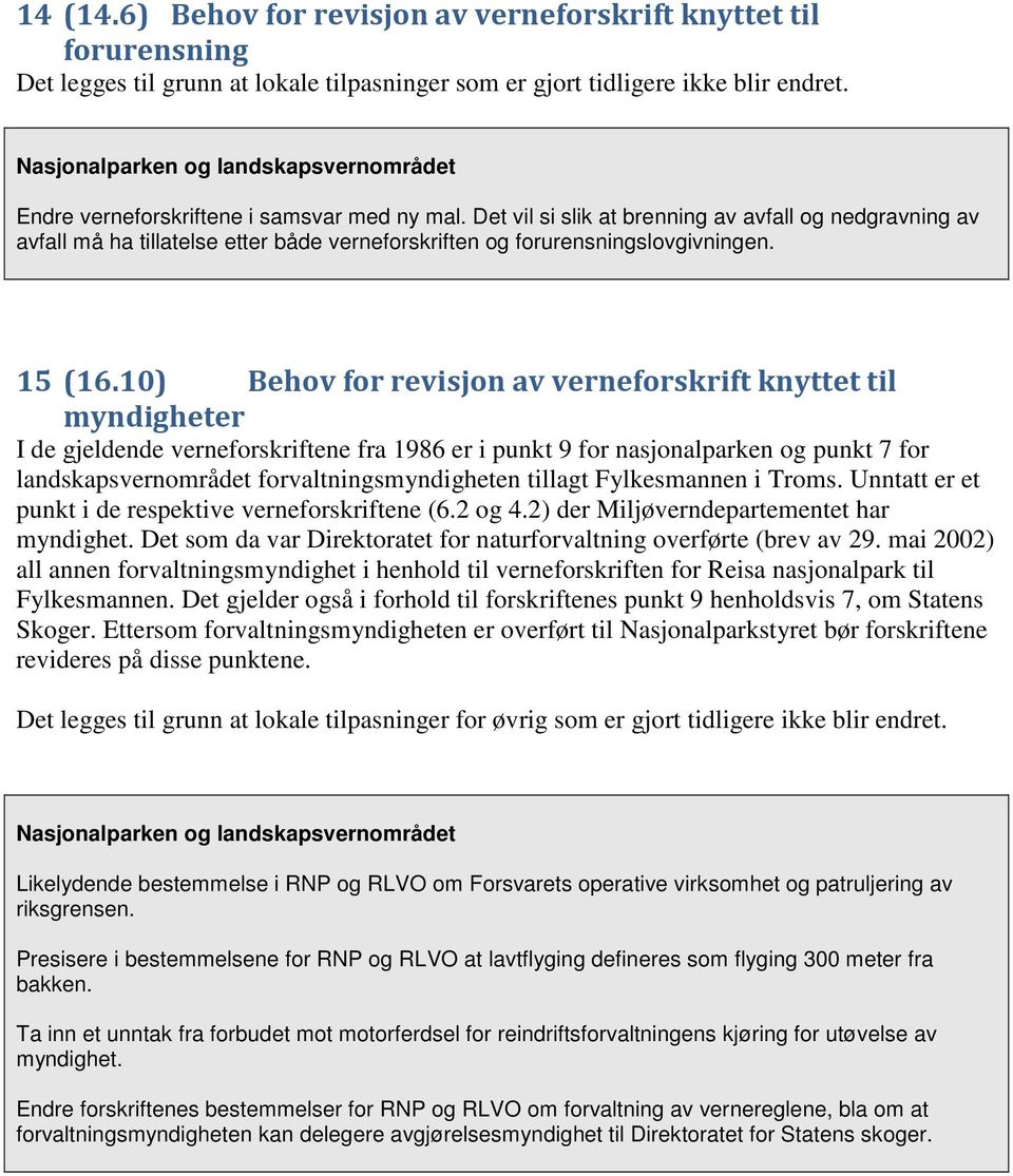 10) Behov for revisjon av verneforskrift knyttet til myndigheter I de gjeldende verneforskriftene fra 1986 er i punkt 9 for nasjonalparken og punkt 7 for landskapsvernområdet forvaltningsmyndigheten