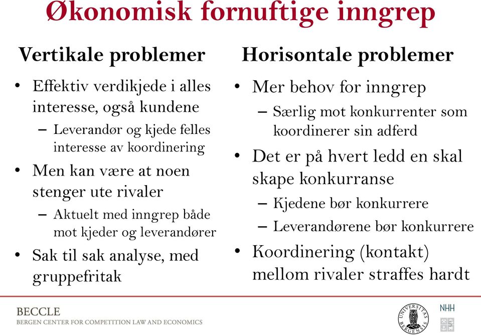 analyse, med gruppefritak Horisontale problemer Mer behov for inngrep Særlig mot konkurrenter som koordinerer sin adferd Det er på