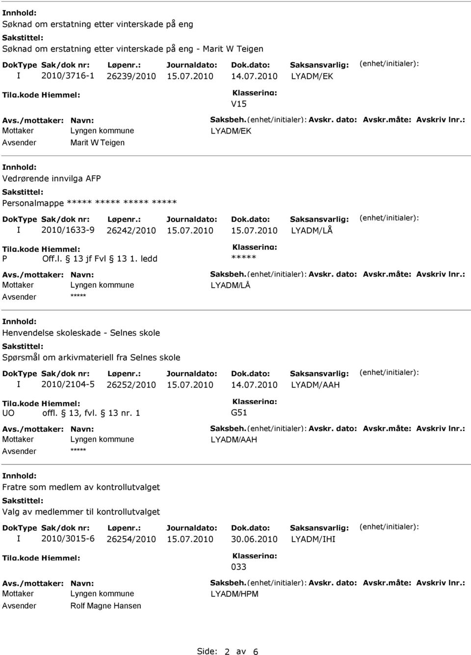 /mottaker: Navn: Saksbeh. Avskr. dato: Avskr.måte: Avskriv lnr.: LYADM/AAH nnhold: Fratre som medlem av kontrollutvalget Valg av medlemmer til kontrollutvalget 2010/3015-6 26254/2010 30.06.