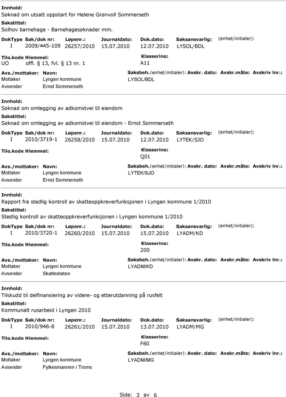 : LYSOL/BDL Avsender Ernst Sommerseth nnhold: Søknad om omlegging av adkomstvei til eiendom Søknad om omlegging av adkomstvei til eiendom - Ernst Sommerseth 2010/3719-1 26258/2010 LYTEK/SJO Q01 Avs.