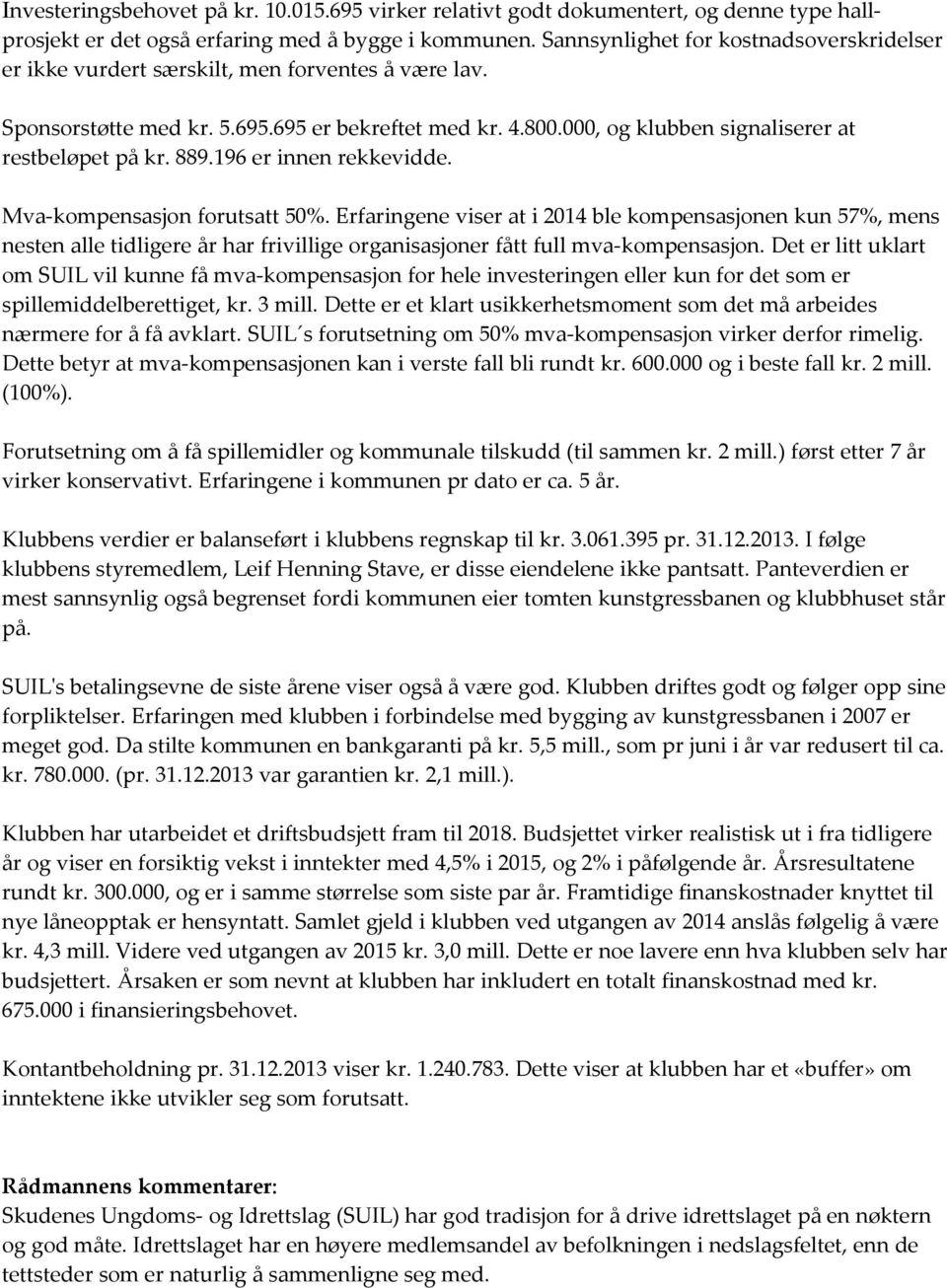 000, og klubben signaliserer at restbeløpet på kr. 889.196 er innen rekkevidde. Mva-kompensasjon forutsatt 50%.