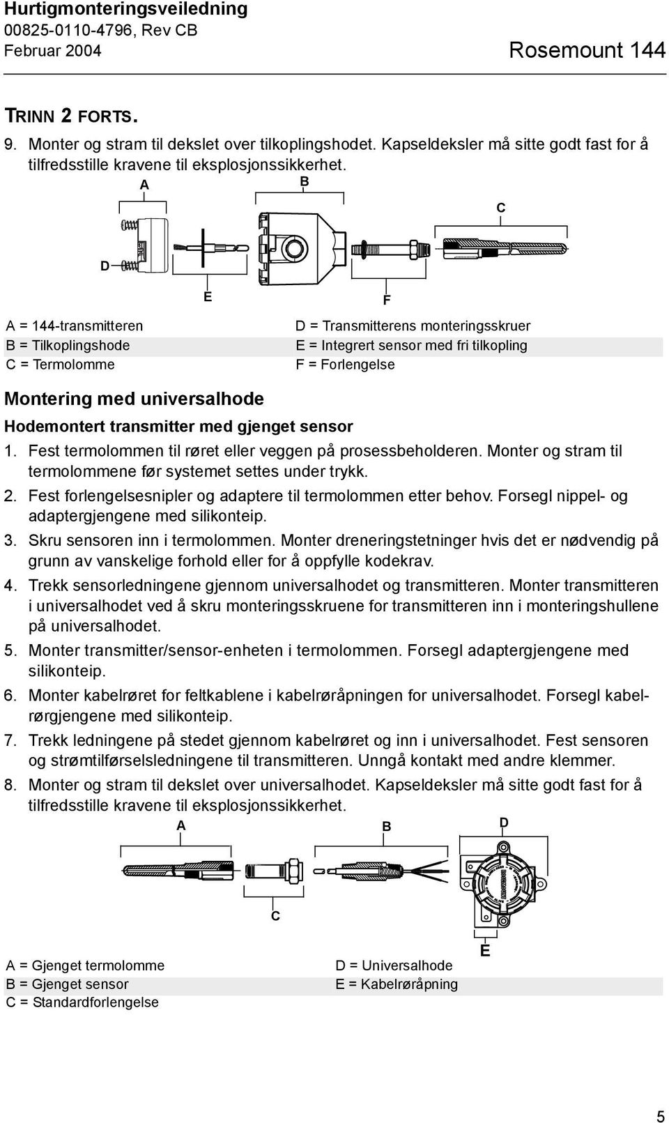 A B C D A = 144-transmitteren B = Tilkoplingshode C = Termolomme E F D = Transmitterens monteringsskruer E = Integrert sensor med fri tilkopling F = Forlengelse Montering med universalhode