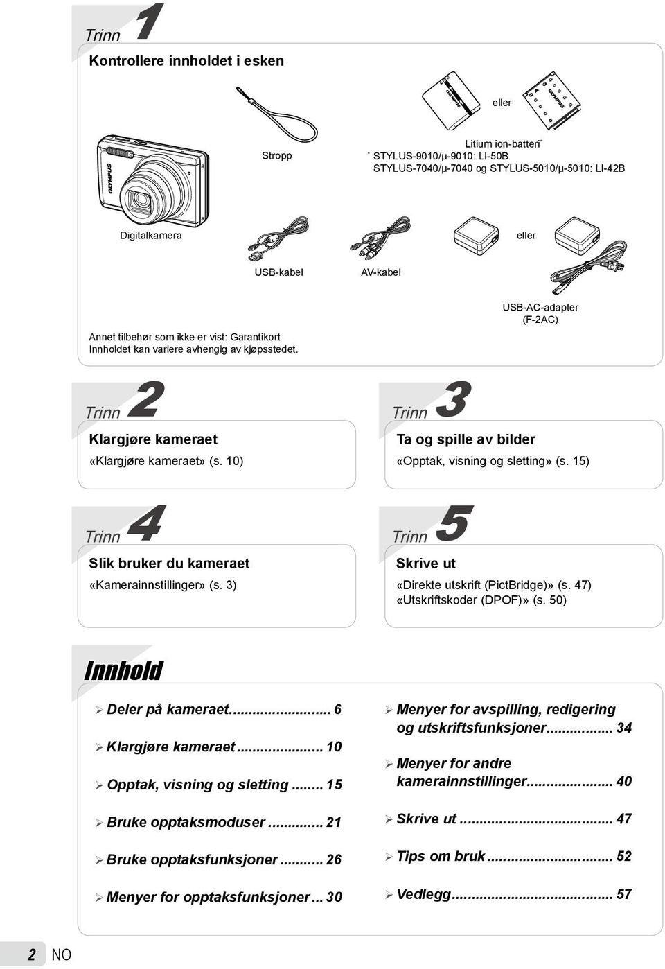 3) Trinn 3 Ta og spille av bilder «Opptak, visning og sletting» (s. 15) Trinn 5 Skrive ut USB-AC-adapter (F-2AC) «Direkte utskrift (PictBridge)» (s. 47) «Utskriftskoder (DPOF)» (s.