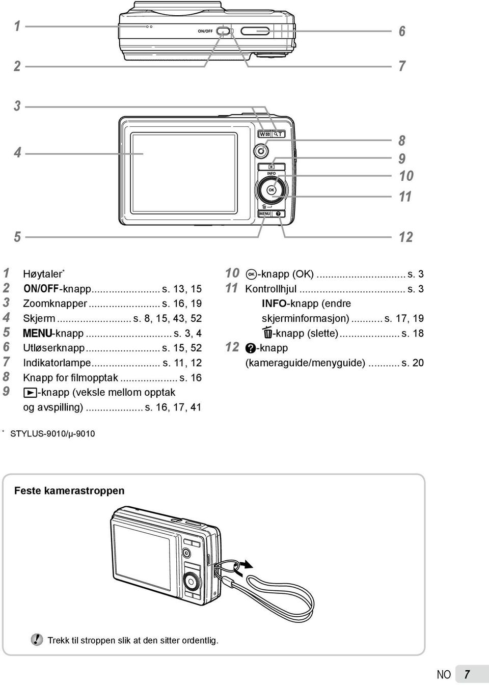 .. s. 3 11 Kontrollhjul... s. 3 INFO-knapp (endre skjerminformasjon)... s. 17, 19 D-knapp (slette)... s. 18 12 E-knapp (kameraguide/menyguide).