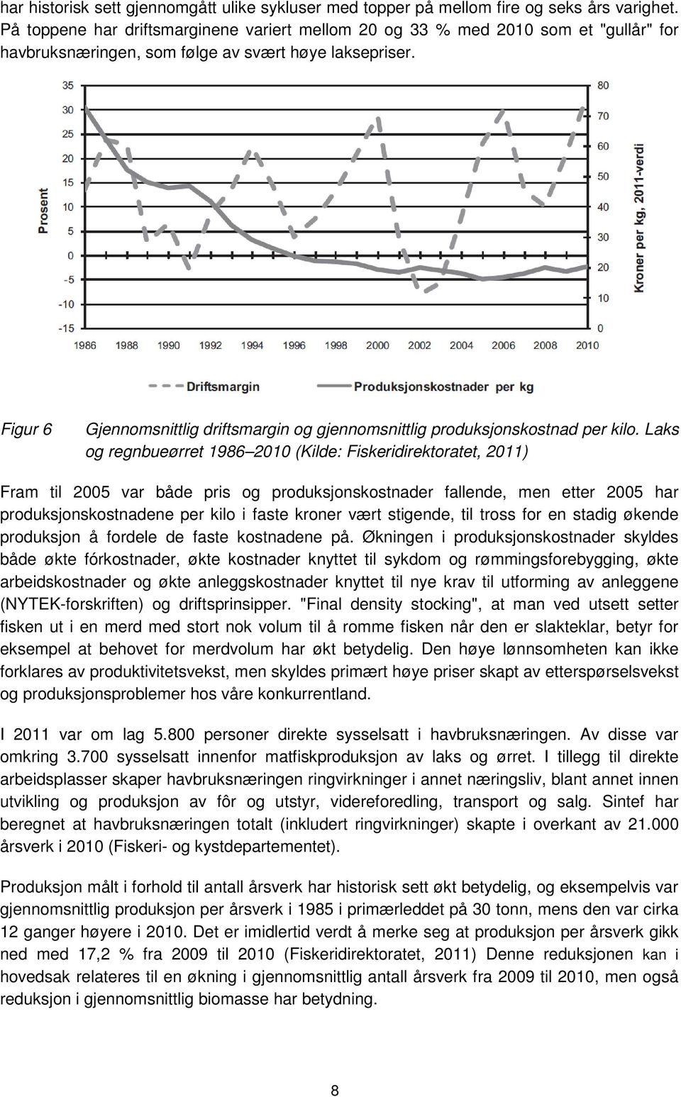 Figur 6 Gjennomsnittlig driftsmargin og gjennomsnittlig produksjonskostnad per kilo.