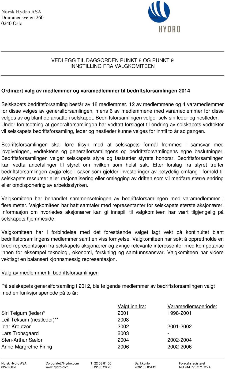 12 av medlemmene og 4 varamedlemmer for disse velges av generalforsamlingen, mens 6 av medlemmene med varamedlemmer for disse velges av og blant de ansatte i selskapet.