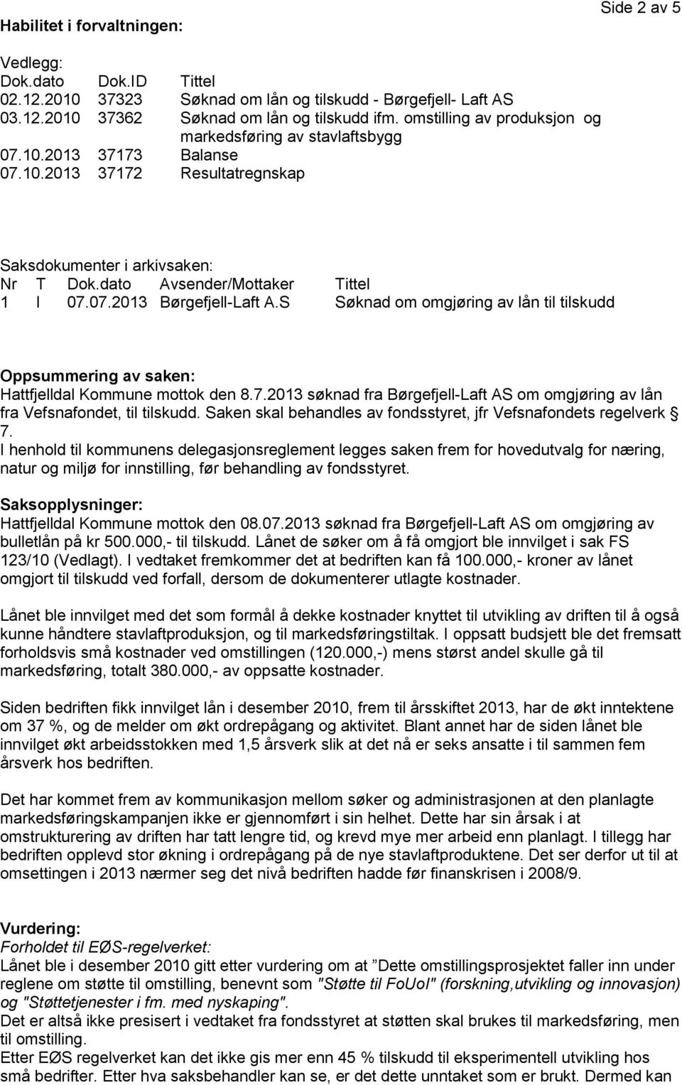 S Søknad om omgjøring av lån til tilskudd Oppsummering av saken: Hattfjelldal Kommune mottok den 8.7.2013 søknad fra Børgefjell-Laft AS om omgjøring av lån fra Vefsnafondet, til tilskudd.