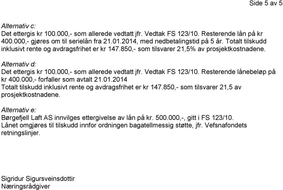 Resterende lånebeløp på kr 400.000,- forfaller som avtalt 21.01.2014 Totalt tilskudd inklusivt rente og avdragsfrihet er kr 147.850,- som tilsvarer 21,5 av prosjektkostnadene.