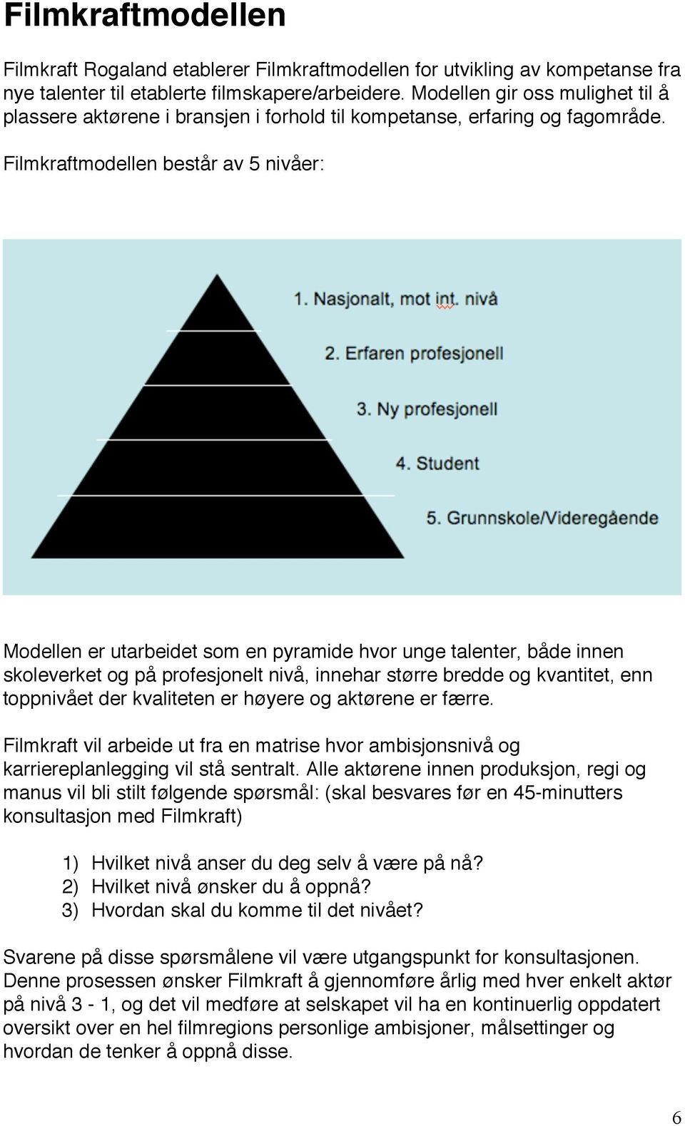 Filmkraftmodellen består av 5 nivåer: Modellen er utarbeidet som en pyramide hvor unge talenter, både innen skoleverket og på profesjonelt nivå, innehar større bredde og kvantitet, enn toppnivået der