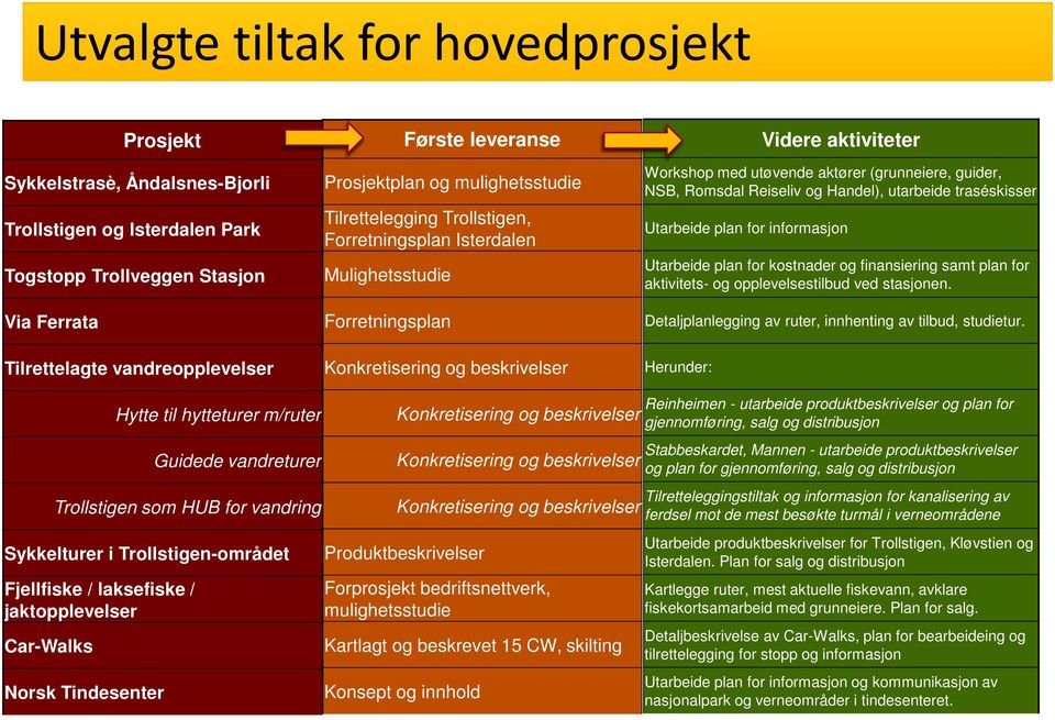 (grunneiere, guider, NSB, Romsdal Reiseliv og Handel), utarbeide traséskisser Utarbeide plan for informasjon Utarbeide plan for kostnader og finansiering samt plan for aktivitets- og