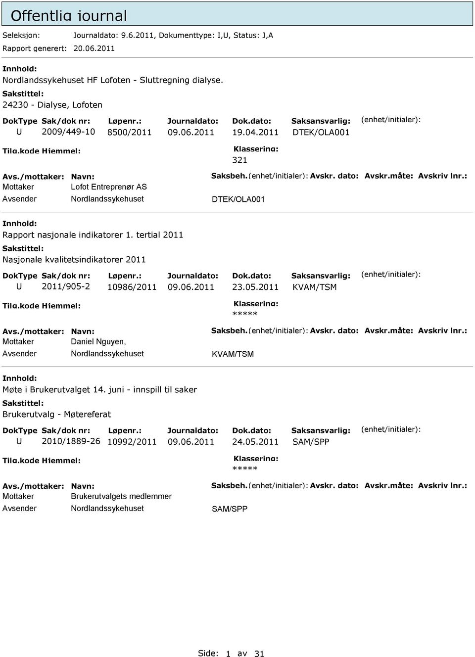 tertial 2011 Nasjonale kvalitetsindikatorer 2011 2011/905-2 10986/2011 23.05.2011 KVAM/TSM Avs./mottaker: Navn: Saksbeh. Avskr. dato: Avskr.måte: Avskriv lnr.