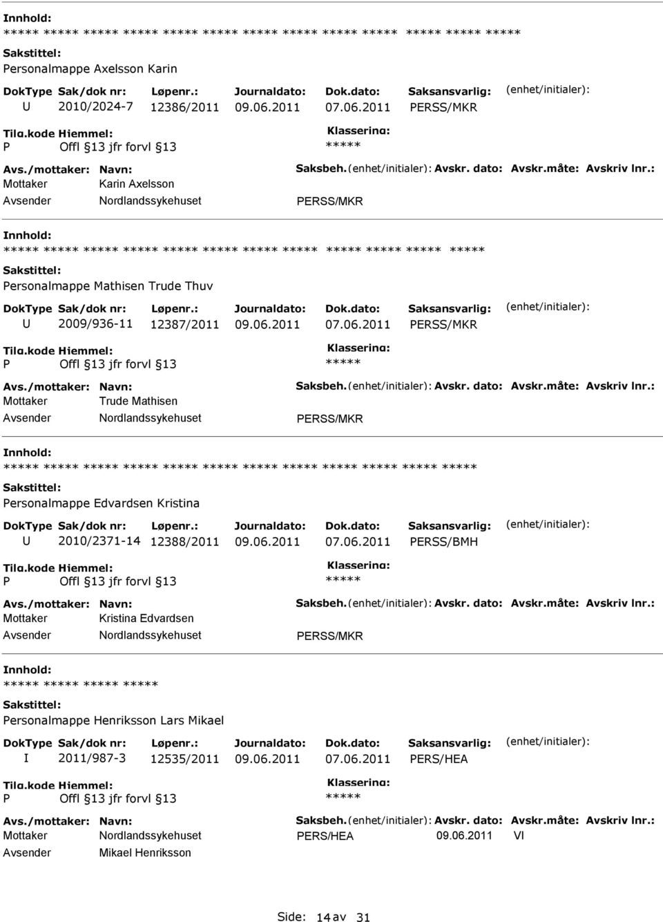 : Mottaker Trude Mathisen ERSS/MKR ersonalmappe Edvardsen Kristina 2010/2371-14 12388/2011 ERSS/BMH Avs./mottaker: Navn: Saksbeh. Avskr. dato: Avskr.måte: Avskriv lnr.