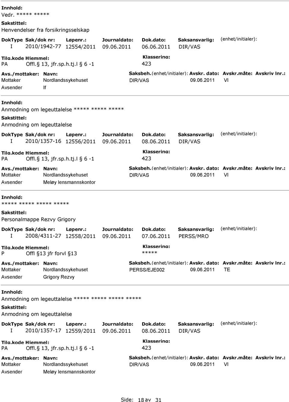 dato: Avskr.måte: Avskriv lnr.: Mottaker DR/VAS V Meløy lensmannskontor ersonalmappe Rezvy Grigory 2008/4311-27 12558/2011 ERSS/MRO Avs./mottaker: Navn: Saksbeh. Avskr. dato: Avskr.måte: Avskriv lnr.: Mottaker ERSS/EJE002 TE Grigory Rezvy Anmodning om legeuttalelse Anmodning om legeuttalelse 2010/1357-17 12559/2011 08.