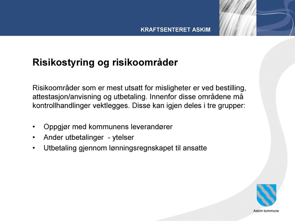 Innenfor disse områdene må kontrollhandlinger vektlegges.