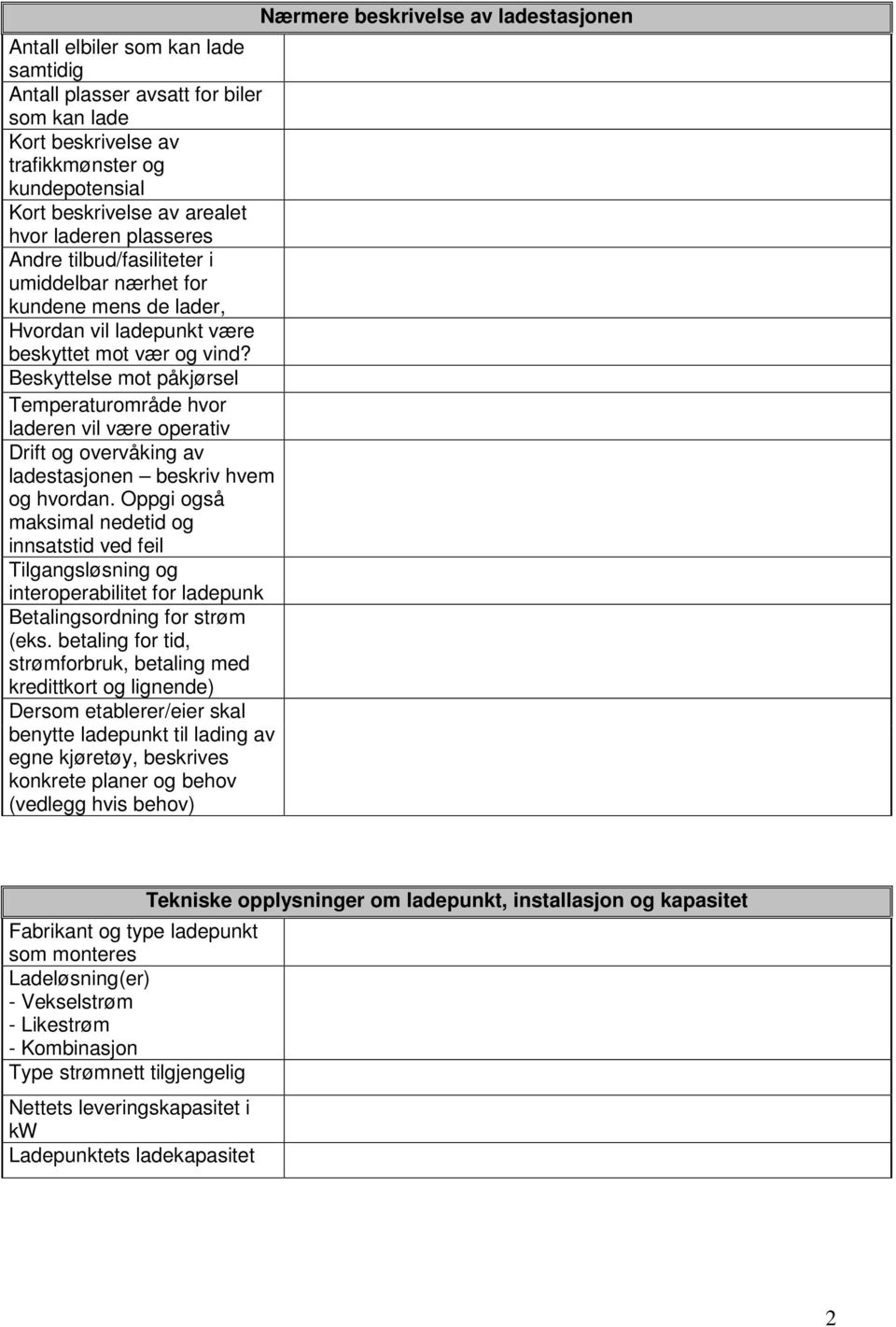 Beskyttelse mot påkjørsel Temperaturområde hvor laderen vil være operativ Drift og overvåking av ladestasjonen beskriv hvem og hvordan.