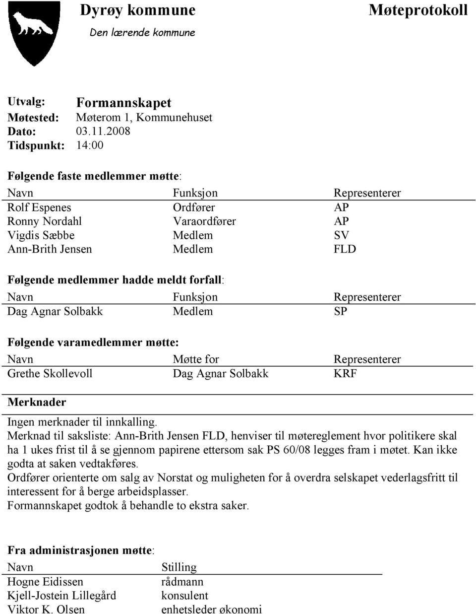 medlemmer hadde meldt forfall: Navn Funksjon Representerer Dag Agnar Solbakk Medlem SP Følgende varamedlemmer møtte: Navn Møtte for Representerer Grethe Skollevoll Dag Agnar Solbakk KRF Merknader
