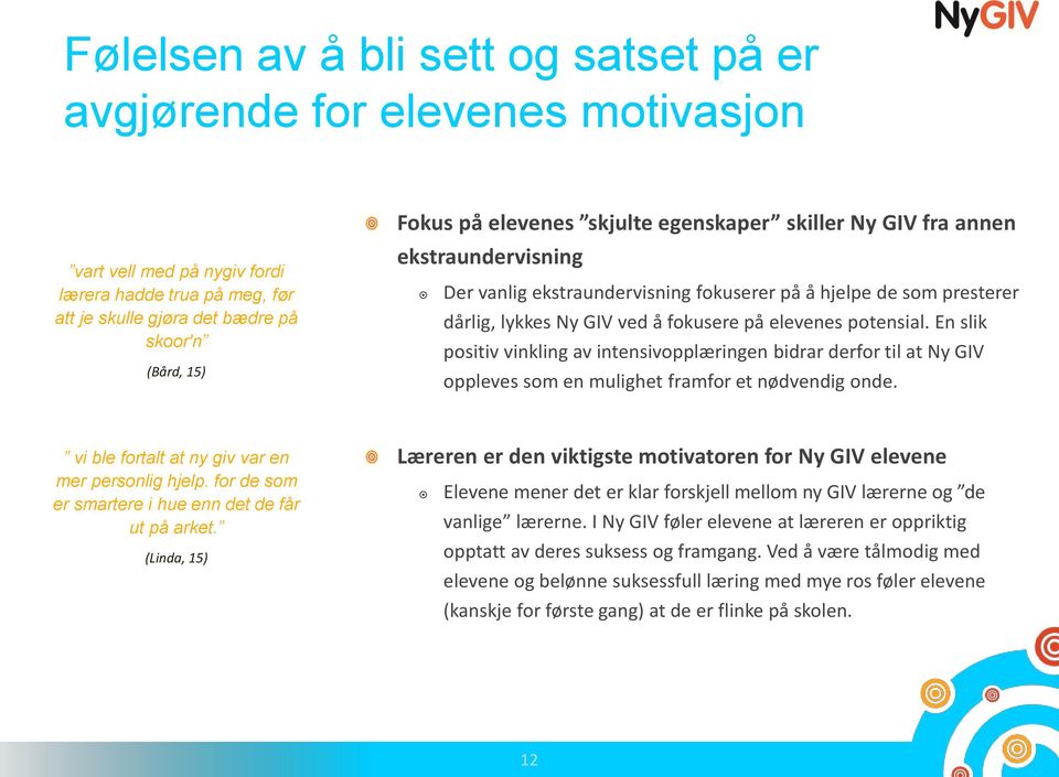 En slik positiv vinkling av intensivopplæringen bidrar derfor til at Ny GIV oppleves som en mulighet framfor et nødvendig onde. vi ble fortalt at ny giv var en mer personlig hjelp.