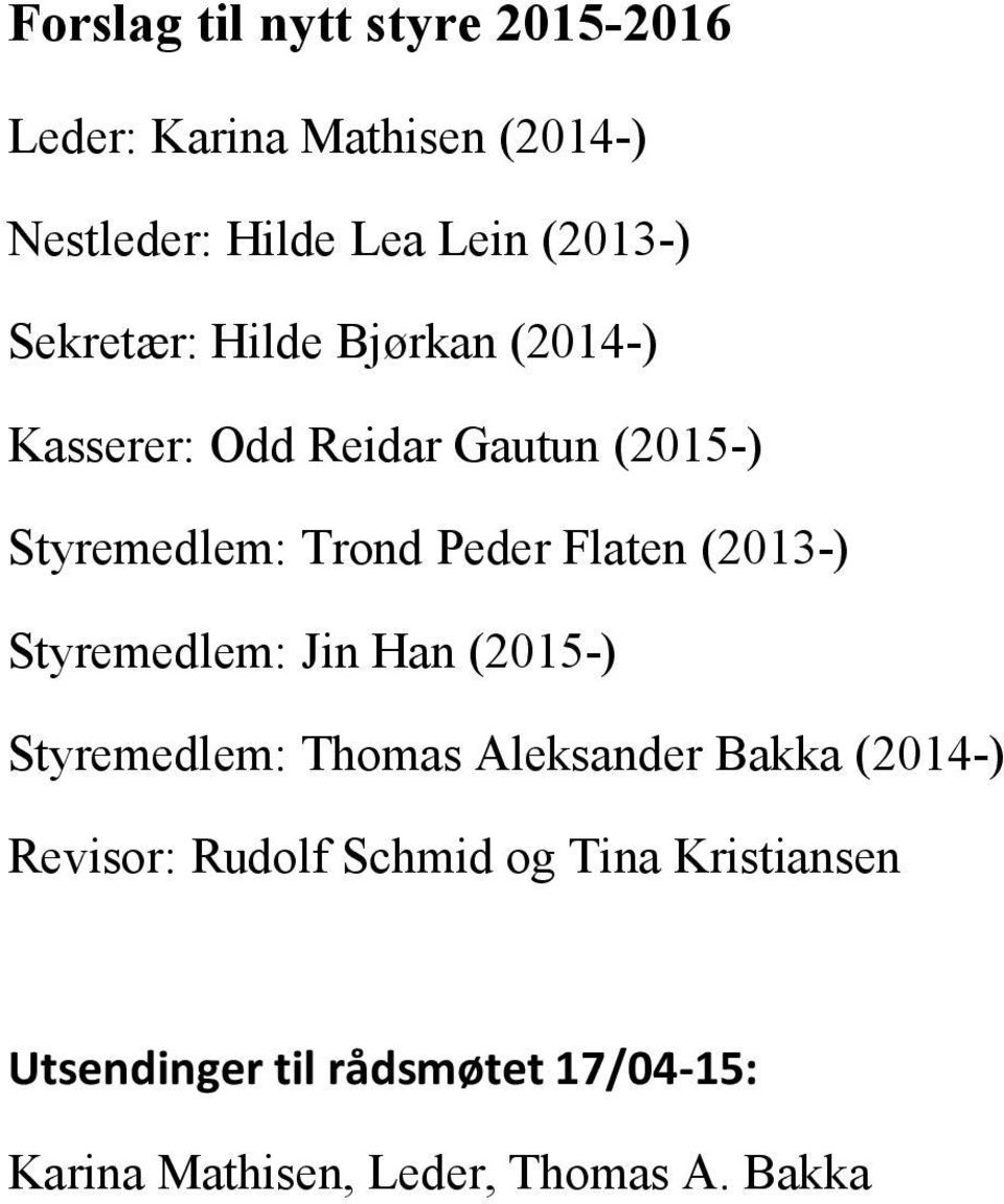 (2013-) Styremedlem: Jin Han (2015-) Styremedlem: Thomas Aleksander Bakka (2014-) Revisor: Rudolf