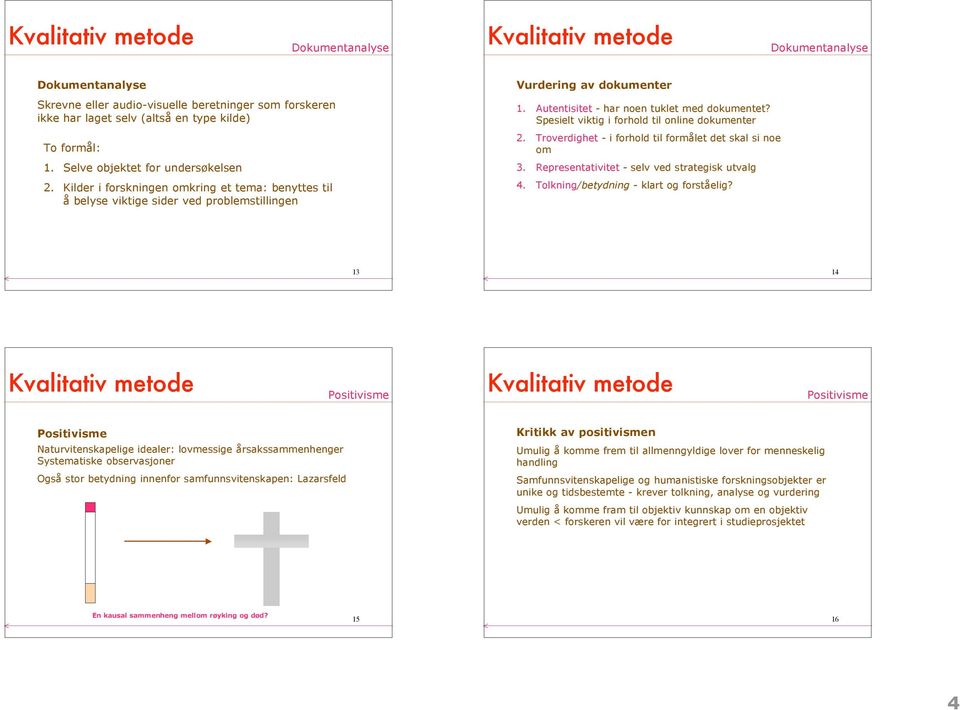 Spesielt viktig i forhold til online dokumenter 2. Troverdighet - i forhold til formålet det skal si noe om 3. Representativitet - selv ved strategisk utvalg 4.