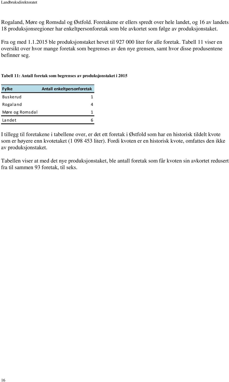 Tabell 11 viser en oversikt over hvor mange foretak som begrenses av den nye grensen, samt hvor disse produsentene befinner seg.