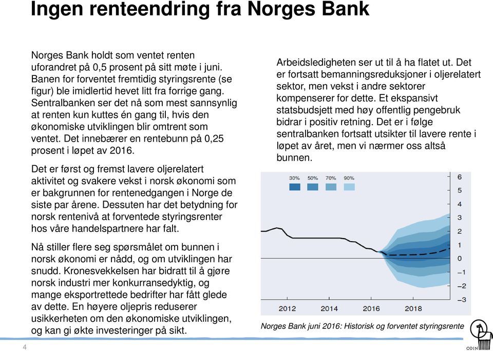 Sentralbanken ser det nå som mest sannsynlig at renten kun kuttes én gang til, hvis den økonomiske utviklingen blir omtrent som ventet. Det innebærer en rentebunn på 0,25 prosent i løpet av 2016.