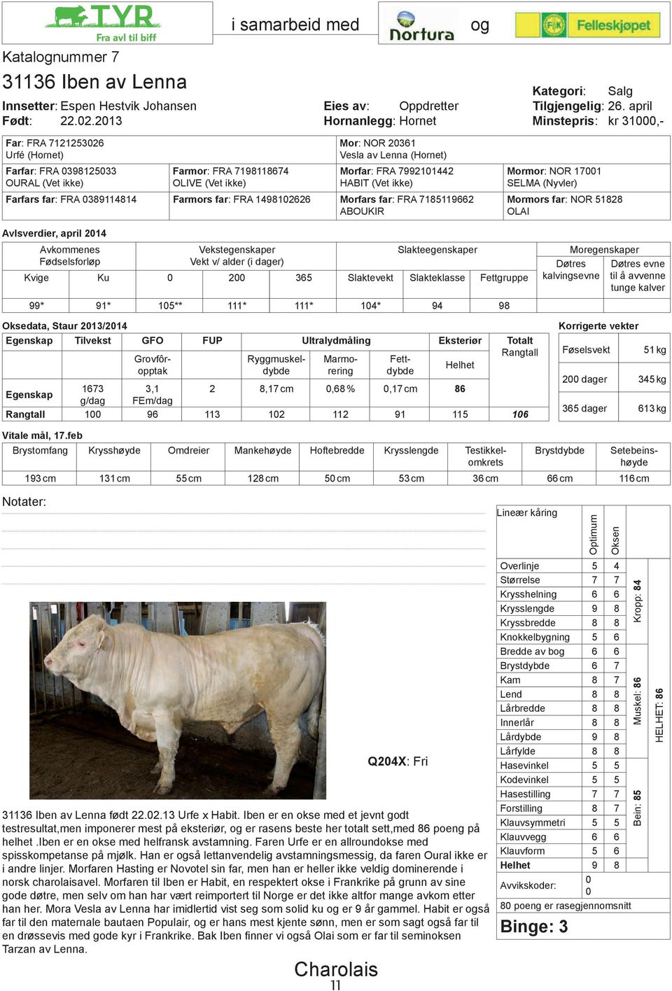 HABIT (Vet ikke) Farfars far: FRA 389114814 Farmors far: FRA 149812626 Morfars far: FRA 7185119662 ABOUKIR Mormor: NOR 171 SELMA (Nyvler) Mormors far: NOR 51828 OLAI Avlsverdier, april 214 Kvige Ku 2