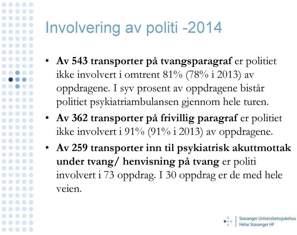 Av 362 transporter på frivillig paragraf er politiet ikke involvert i 91% (91% i 2013) av oppdragene.