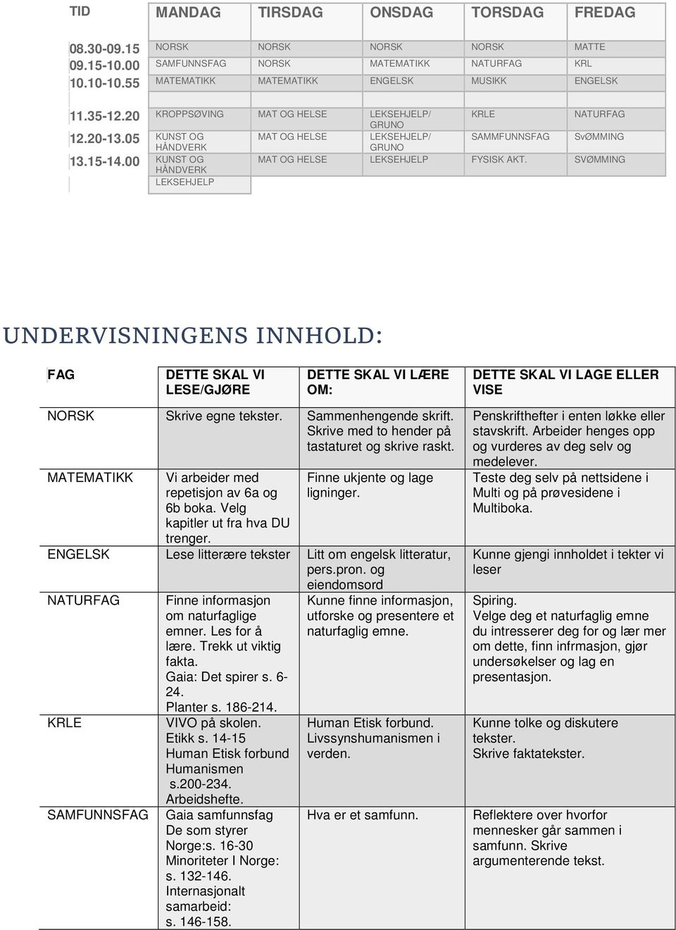 SVØMMING LEKSEHJELP UNDERVISNINGENS INNHOLD: FAG DETTE SKAL VI LESE/GJØRE DETTE SKAL VI LÆRE OM: DETTE SKAL VI LAGE ELLER VISE NORSK Skrive egne tekster. Sammenhengende skrift.