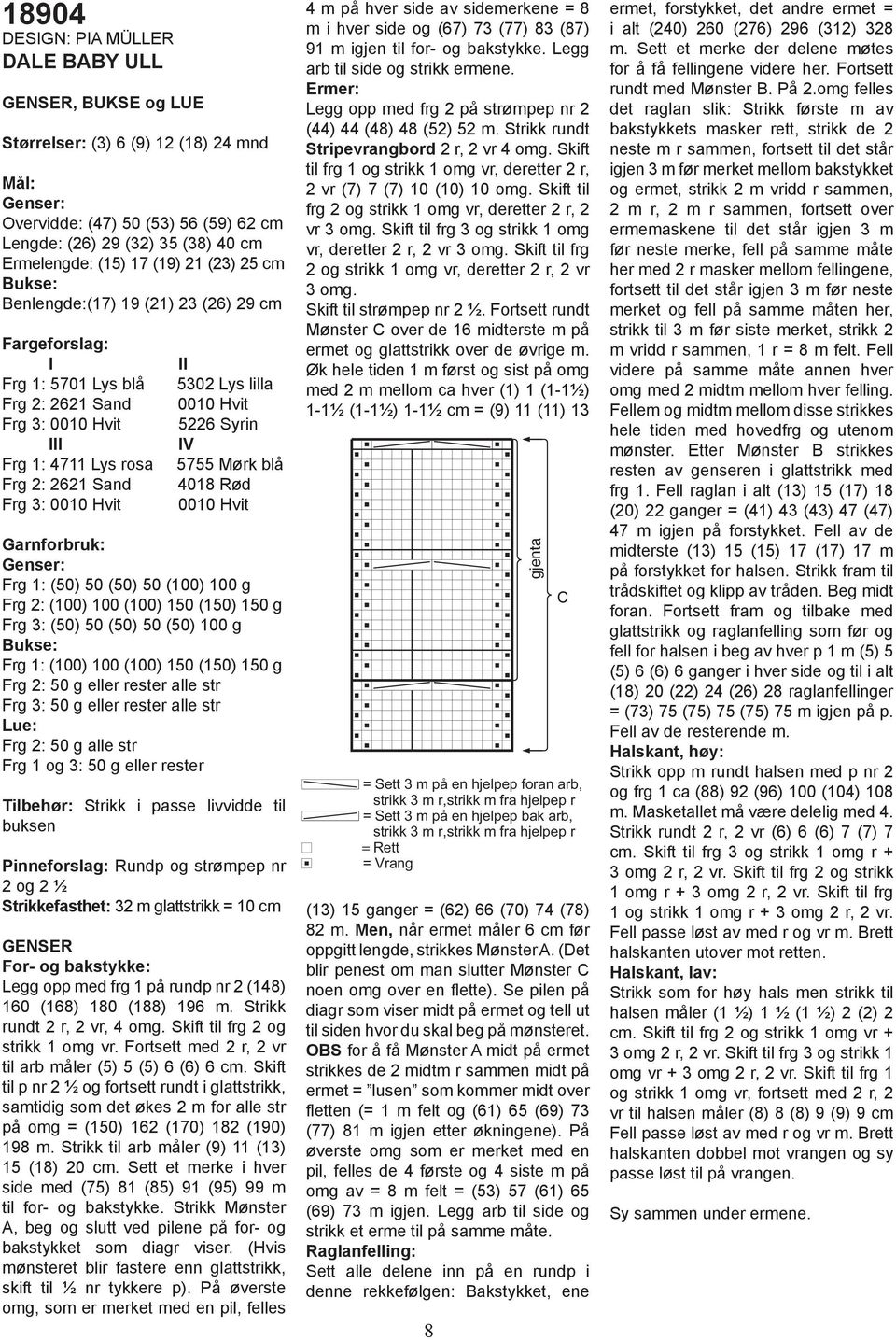 5302 Lys lilla 0010 Hvit 5226 Syrin IV 5755 Mørk blå 4018 Rød 0010 Hvit Garnforbruk: Genser: Frg 1: (50) 50 (50) 50 (100) 100 g Frg 2: (100) 100 (100) 150 (150) 150 g Frg 3: (50) 50 (50) 50 (50) 100