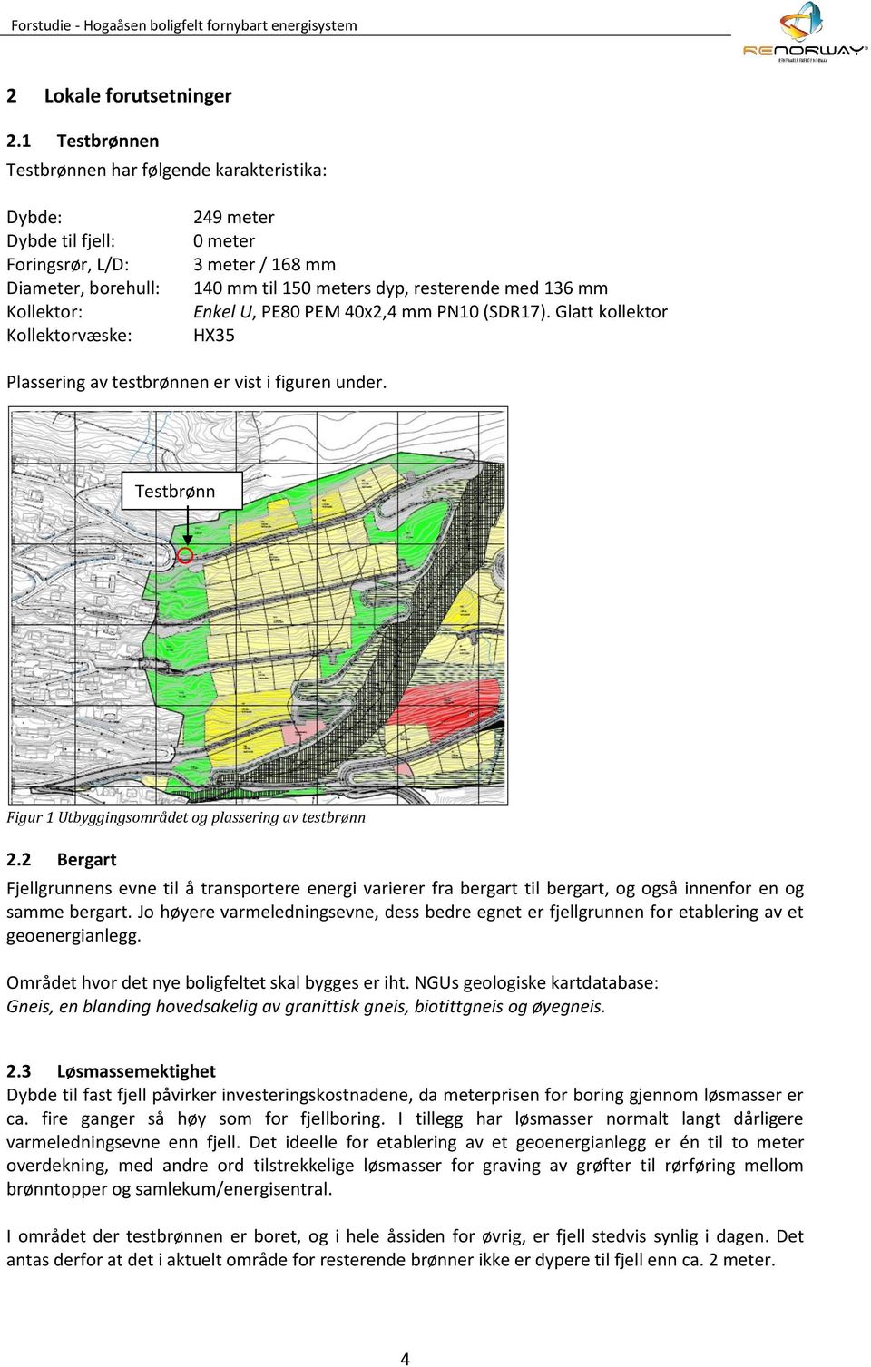 dyp, resterende med 136 mm Enkel U, PE80 PEM 40x2,4 mm PN10 (SDR17). Glatt kollektor HX35 Plassering av testbrønnen er vist i figuren under.