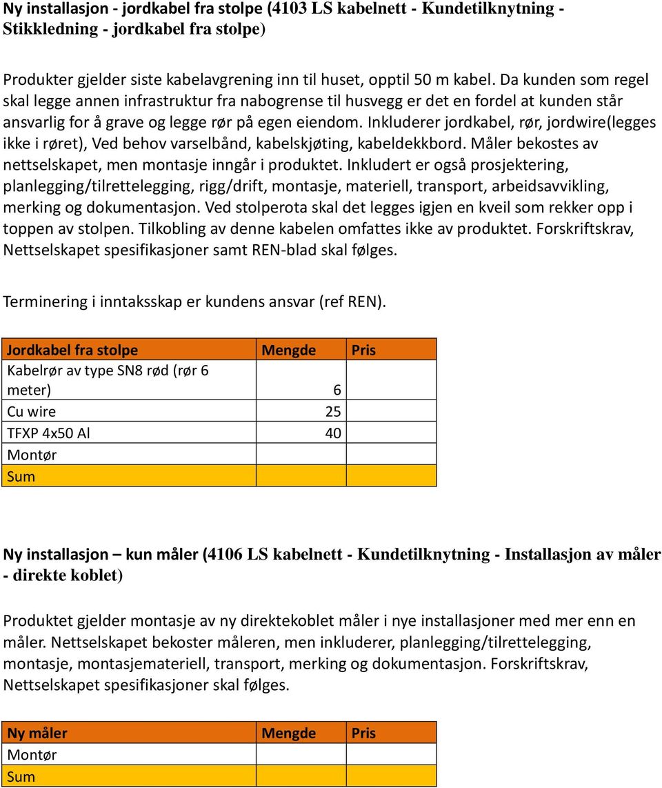 Inkluderer jordkabel, rør, jordwire(legges ikke i røret), Ved behov varselbånd, kabelskjøting, kabeldekkbord. Måler bekostes av nettselskapet, men montasje inngår i produktet.