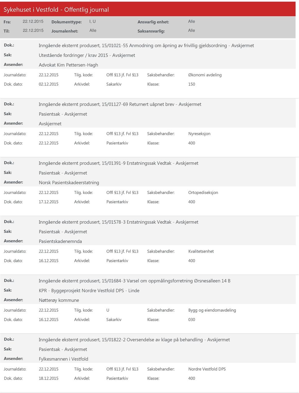 dato: Arkivdel: Pasientarkiv Inngående eksternt produsert, 15/01391-9 Erstatningssak Vedtak - Pasientsak - Ortopediseksjon Dok. dato: 17.12.