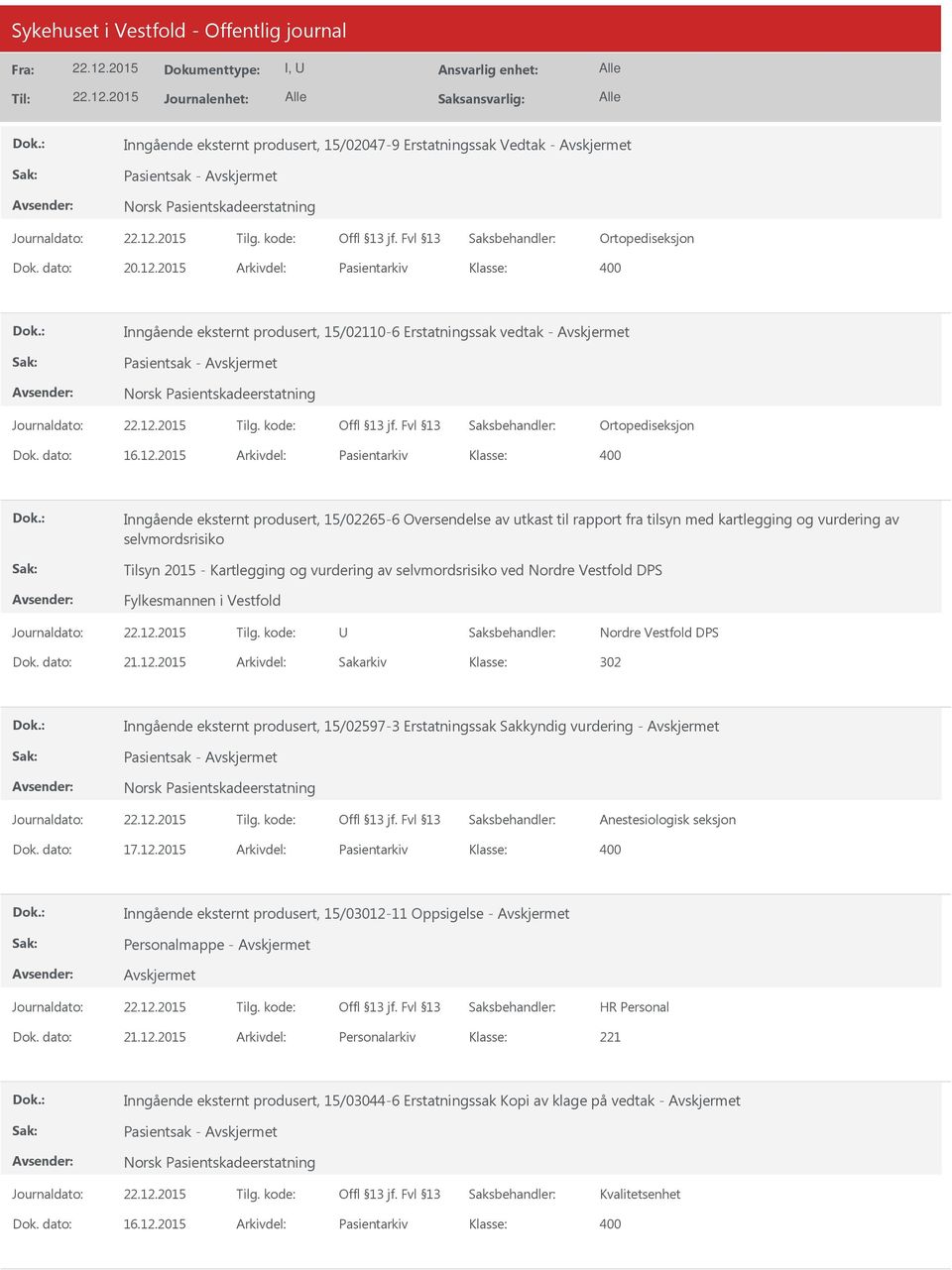 2015 Arkivdel: Pasientarkiv Inngående eksternt produsert, 15/02265-6 Oversendelse av utkast til rapport fra tilsyn med kartlegging og vurdering av selvmordsrisiko Tilsyn 2015 - Kartlegging og